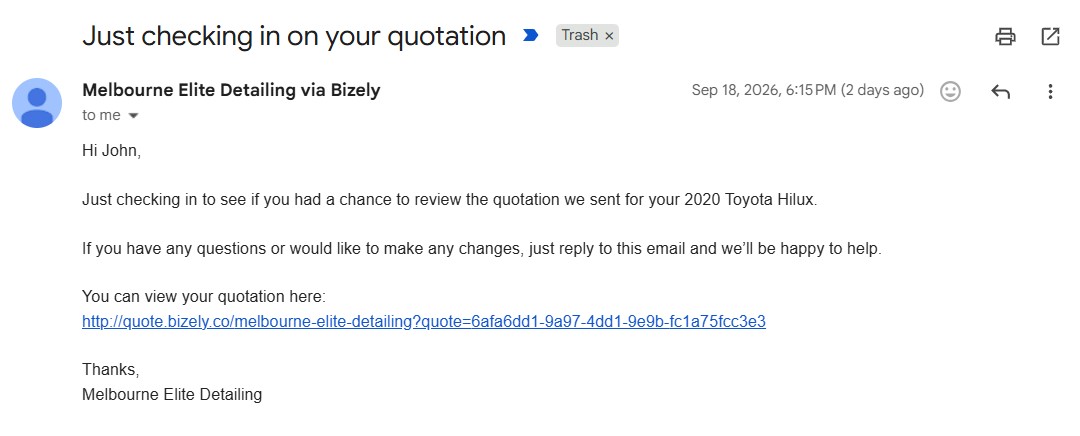 Bizely quote follow-up 1