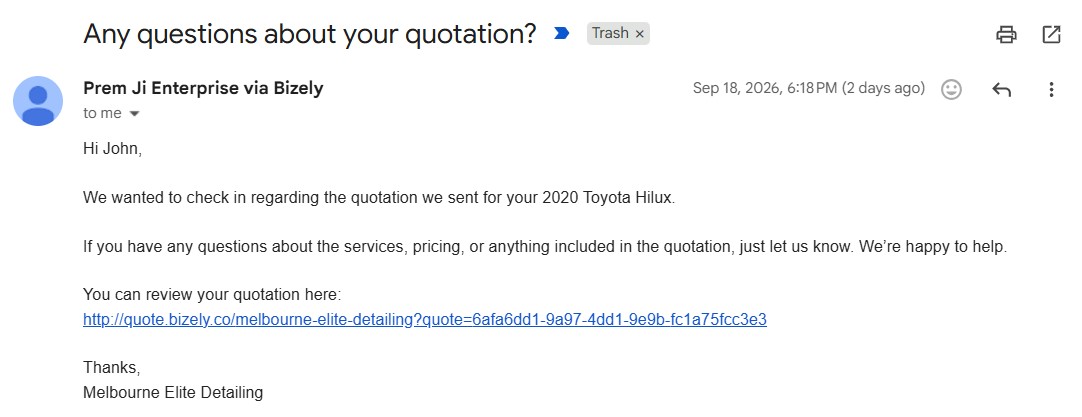 Bizely quote follow-up 2