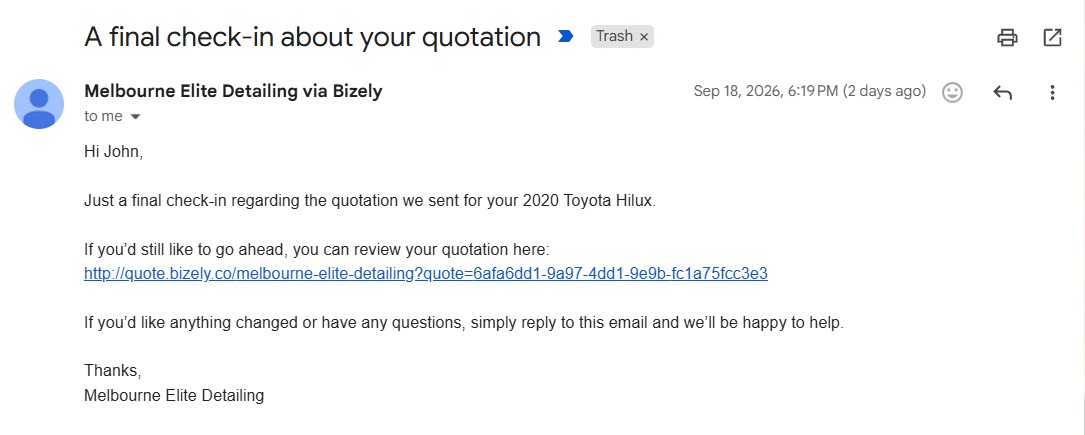 Bizely quote follow-up 3